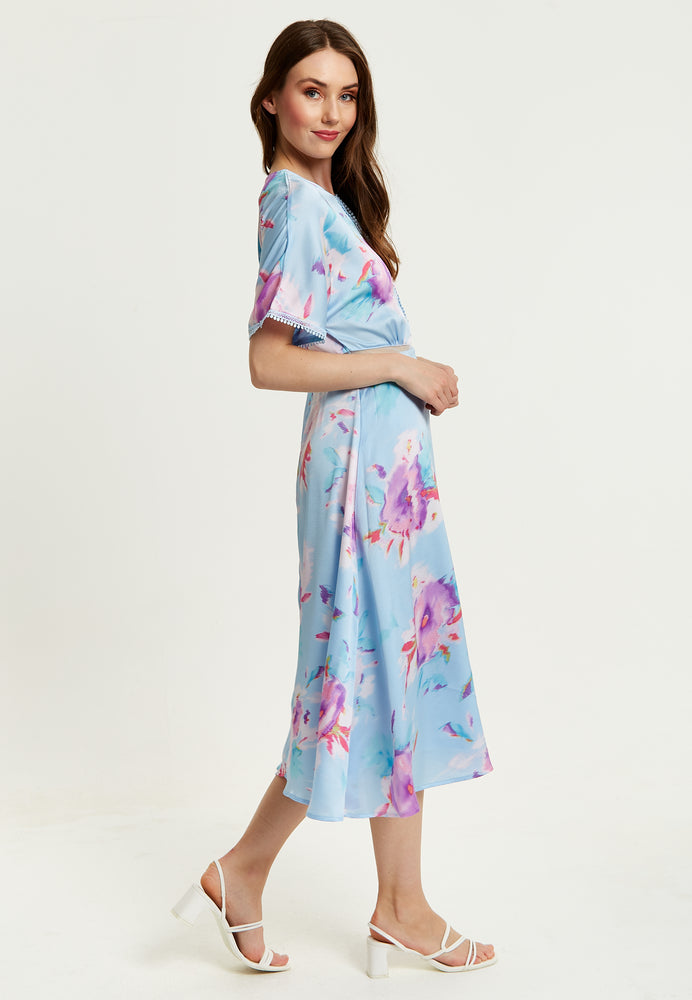 Liquorish Midi Floral Print Dress With Mesh Detail In Blue