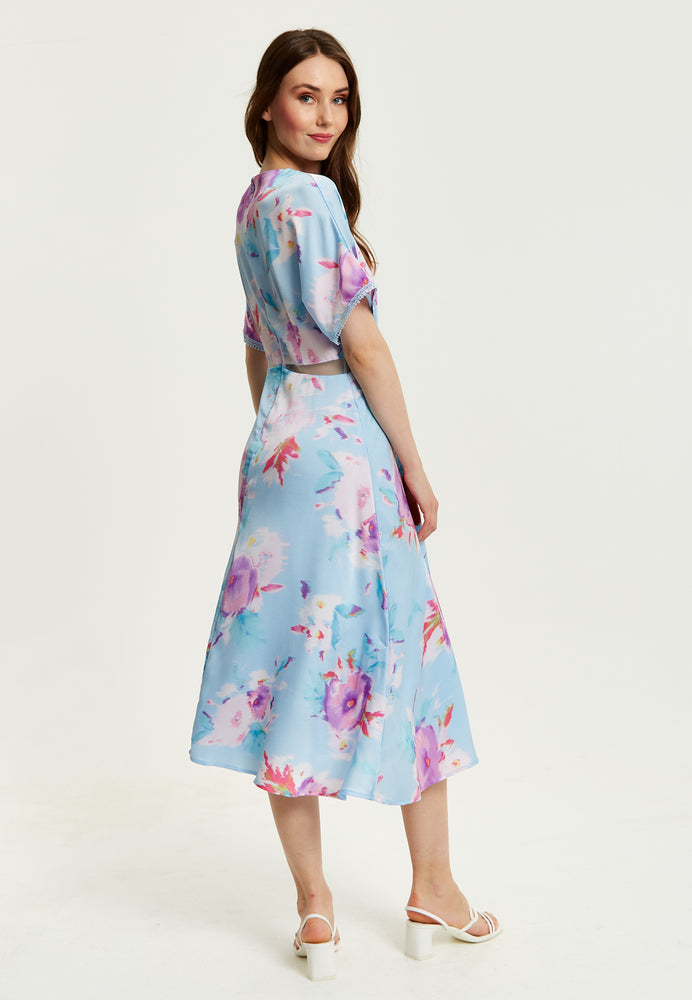 Liquorish Midi Floral Print Dress With Mesh Detail In Blue