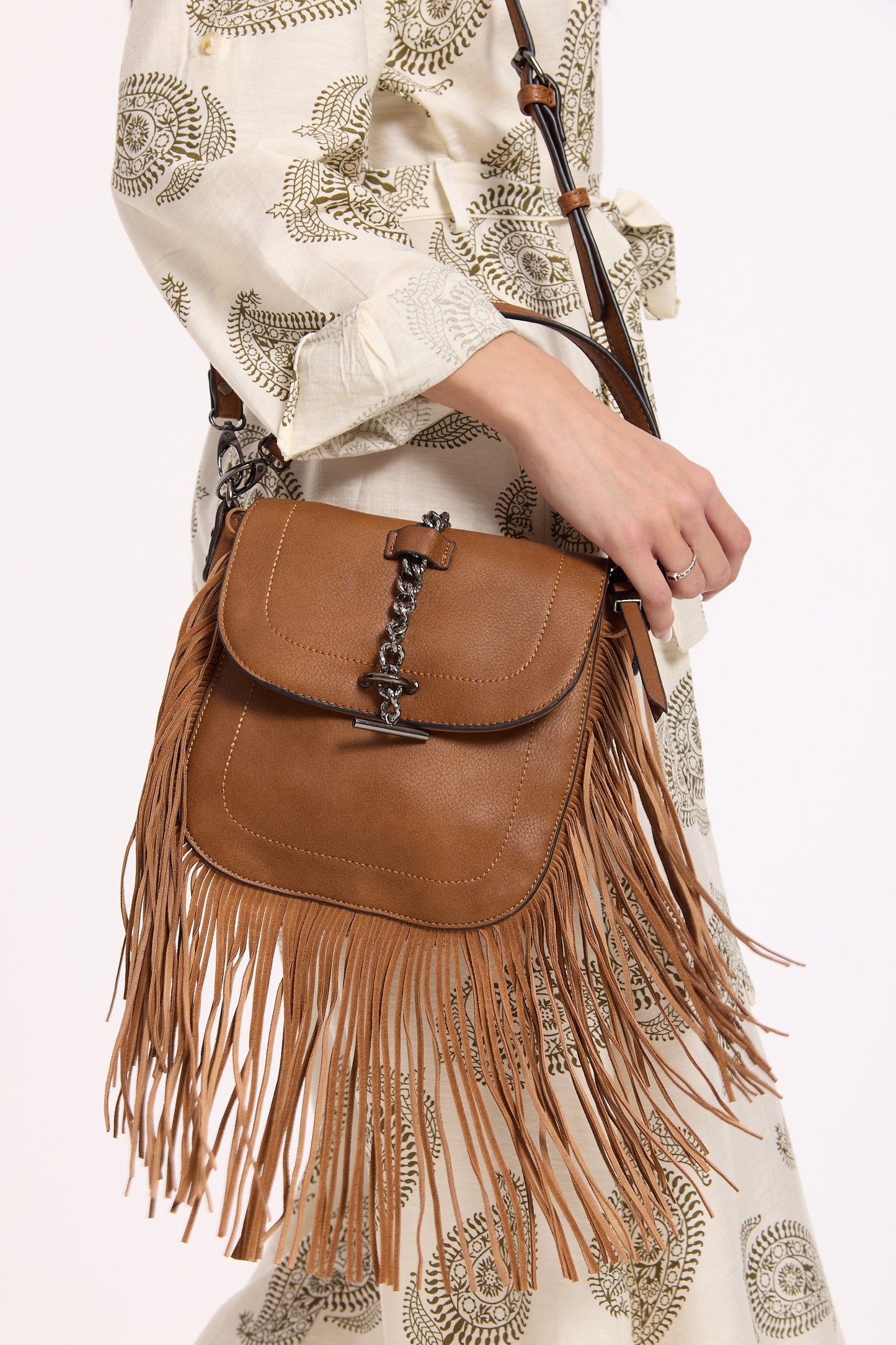 
                  
                    Tan Fringed Chain Crossbody Bag
                  
                