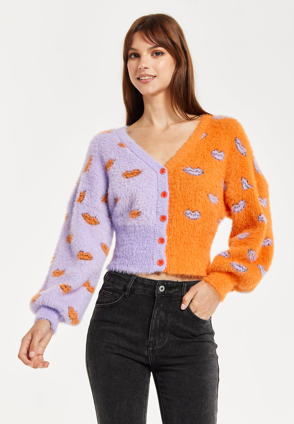 Lip Pattern Fluffy Cardigan Lilac