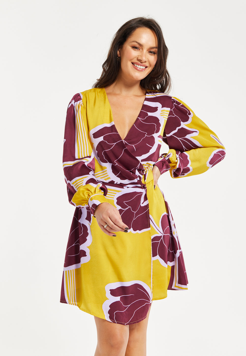 Women's Mini Dress with Long Balloon Sleeves in Yellow and Burgundy Geometric Floral Print - Liquorish