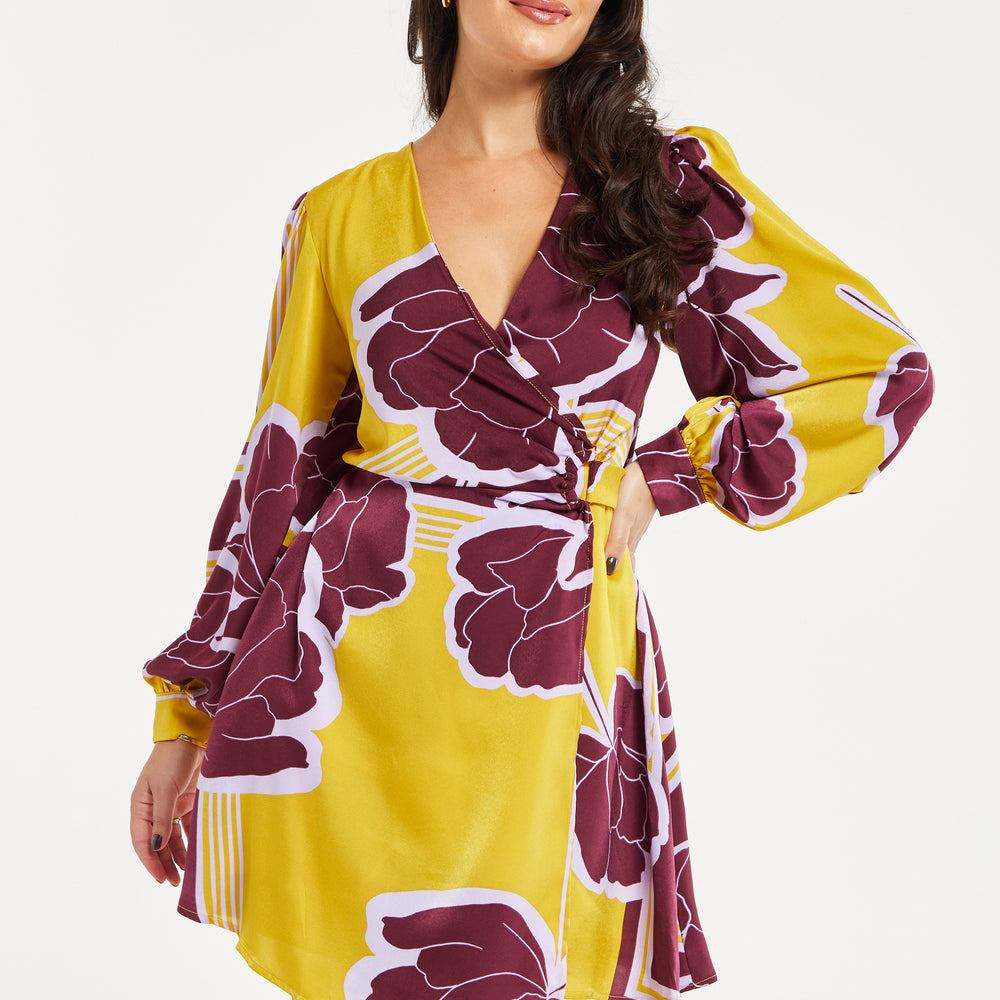 
                  
                    Women's Mini Dress with Long Balloon Sleeves in Yellow and Burgundy Geometric Floral Print - Liquorish
                  
                