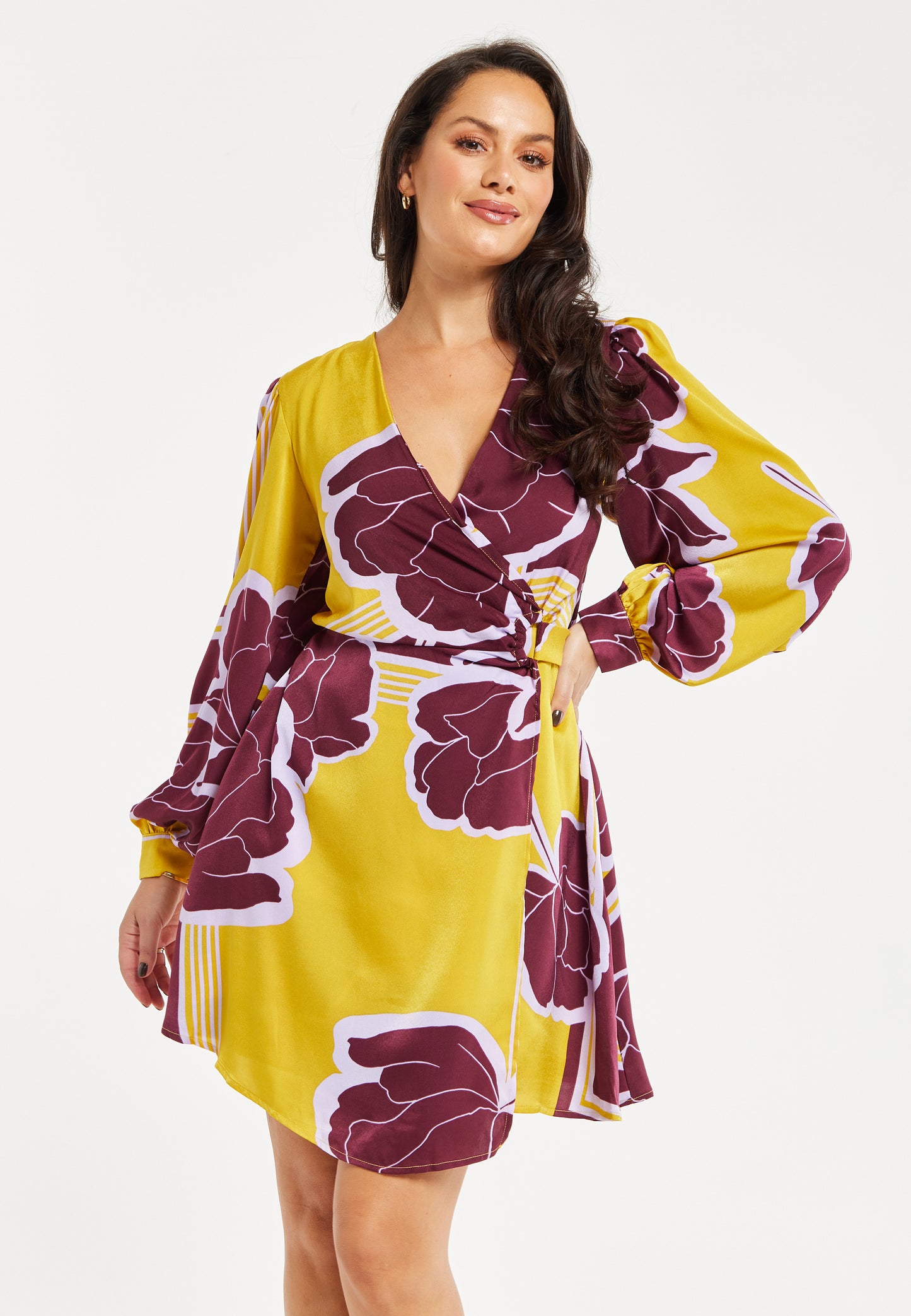 
                  
                    Women's Mini Dress with Long Balloon Sleeves in Yellow and Burgundy Geometric Floral Print - Liquorish
                  
                