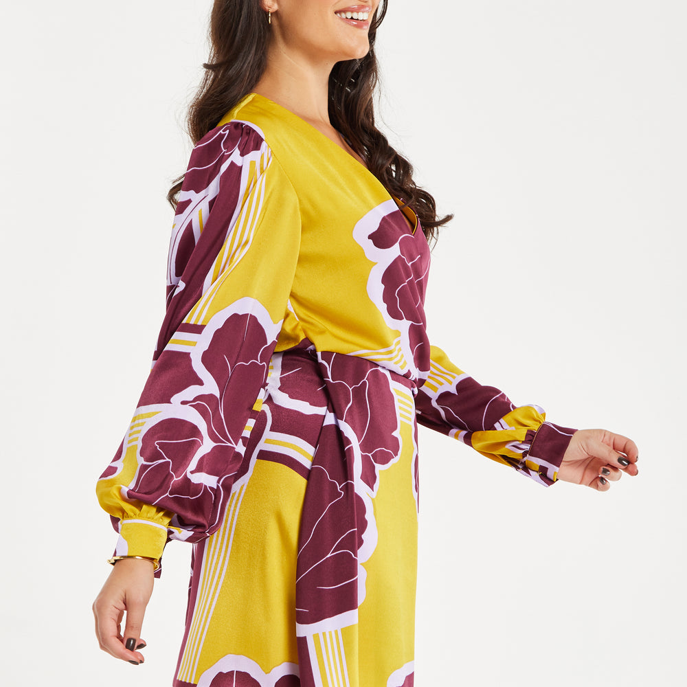 
                  
                    Women's Mini Dress with Long Balloon Sleeves in Yellow and Burgundy Geometric Floral Print - Liquorish
                  
                