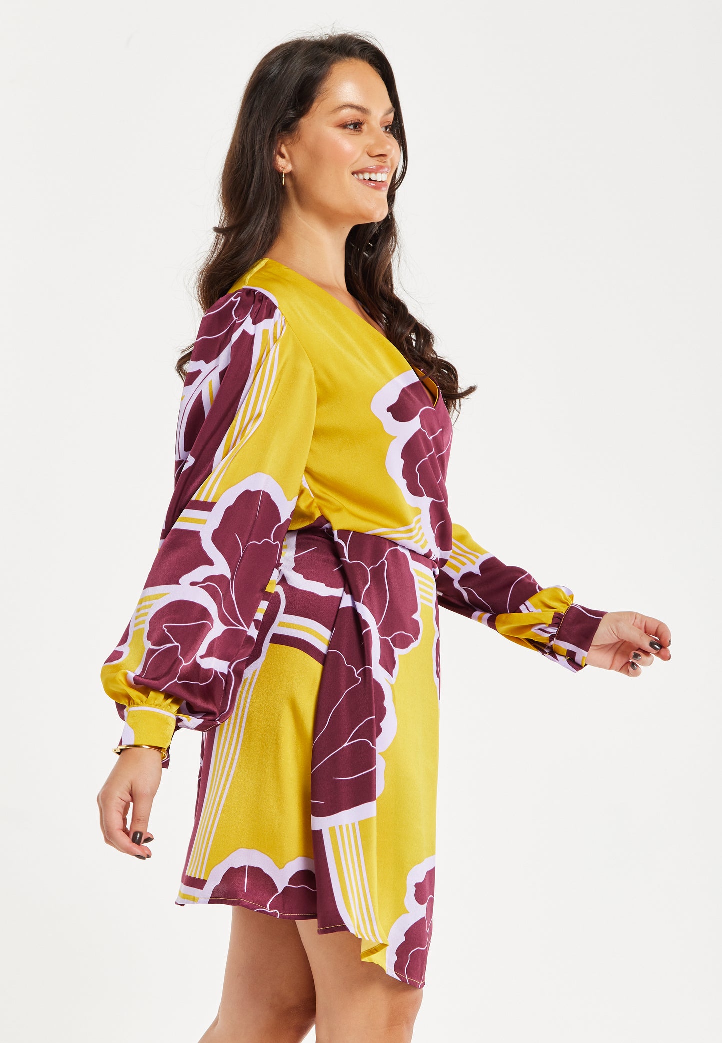 
                  
                    Women's Mini Dress with Long Balloon Sleeves in Yellow and Burgundy Geometric Floral Print - Liquorish
                  
                