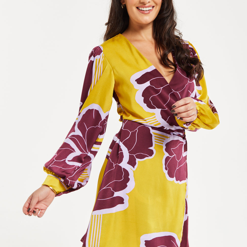 
                  
                    Women's Mini Dress with Long Balloon Sleeves in Yellow and Burgundy Geometric Floral Print - Liquorish
                  
                