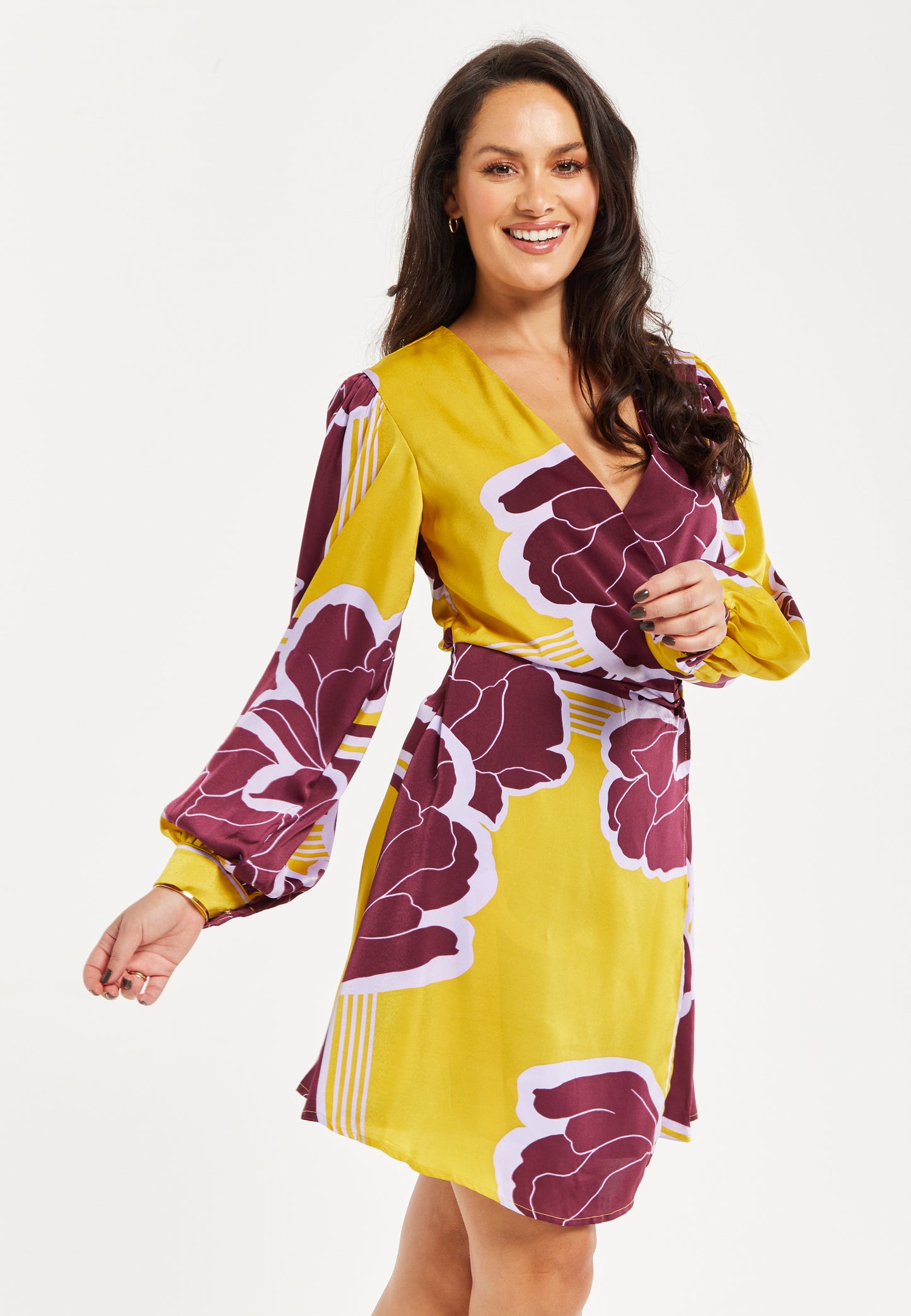 
                  
                    Women's Mini Dress with Long Balloon Sleeves in Yellow and Burgundy Geometric Floral Print - Liquorish
                  
                