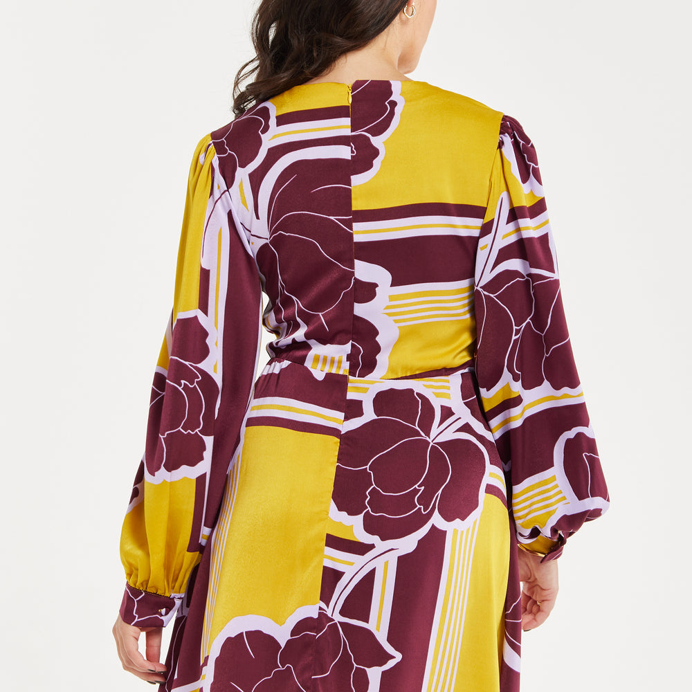 
                  
                    Women's Mini Dress with Long Balloon Sleeves in Yellow and Burgundy Geometric Floral Print - Liquorish
                  
                