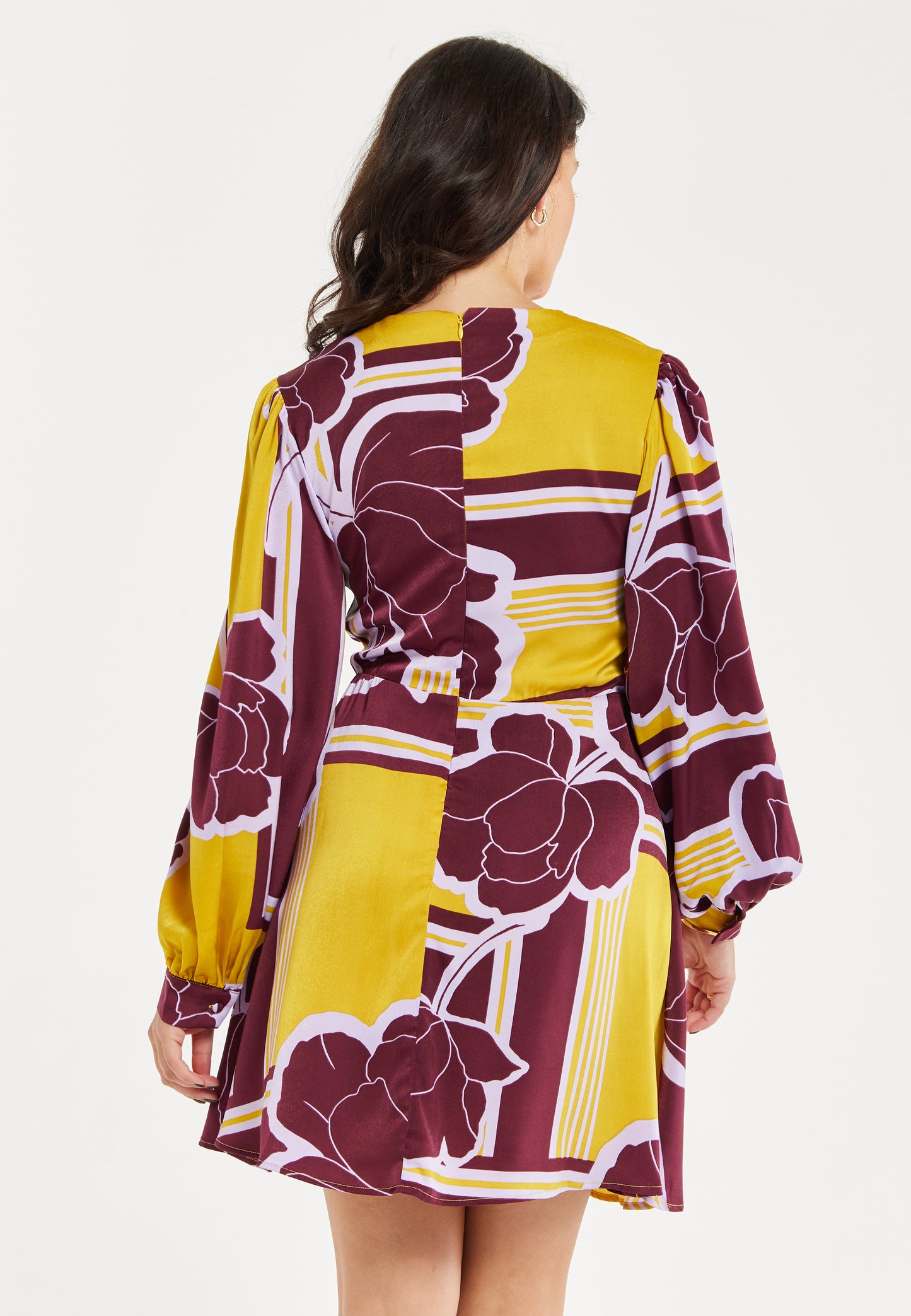 
                  
                    Women's Mini Dress with Long Balloon Sleeves in Yellow and Burgundy Geometric Floral Print - Liquorish
                  
                