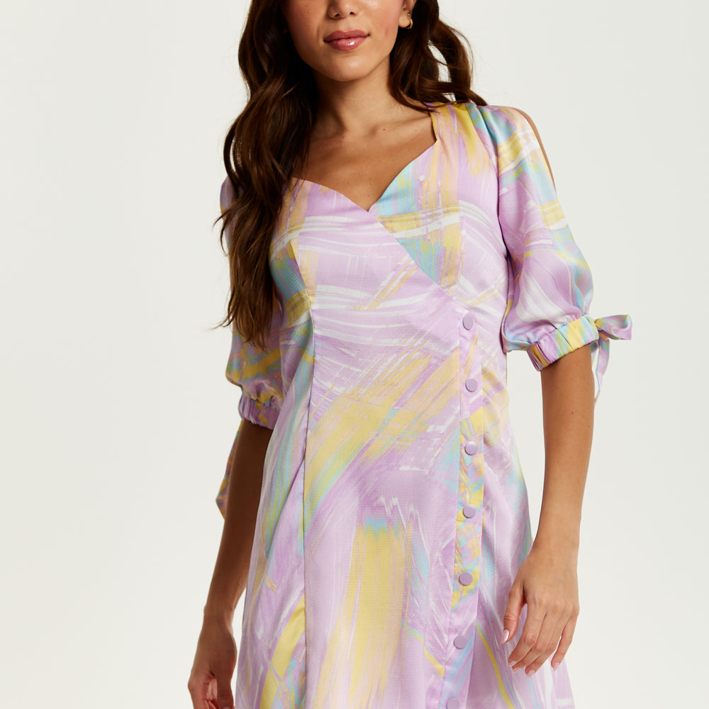 
                  
                    Liquorish Mini Abstract Brush Stroke Print Dress With V Neck, Tie Back And Tie Sleeves In Lilac
                  
                