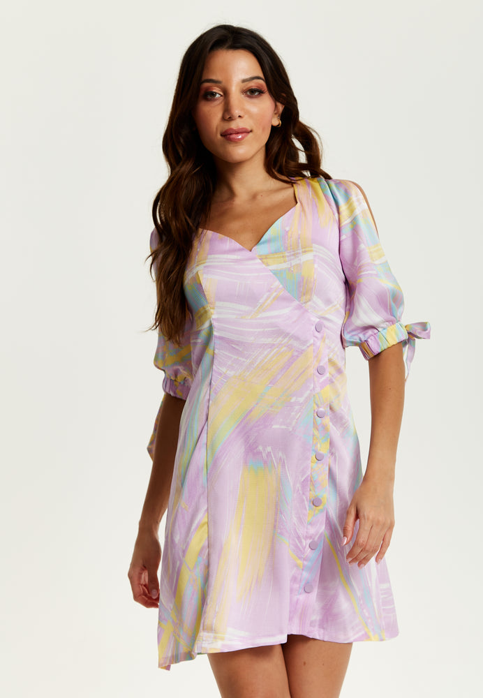 Liquorish Mini Abstract Brush Stroke Print Dress With V Neck, Tie Back And Tie Sleeves In Lilac