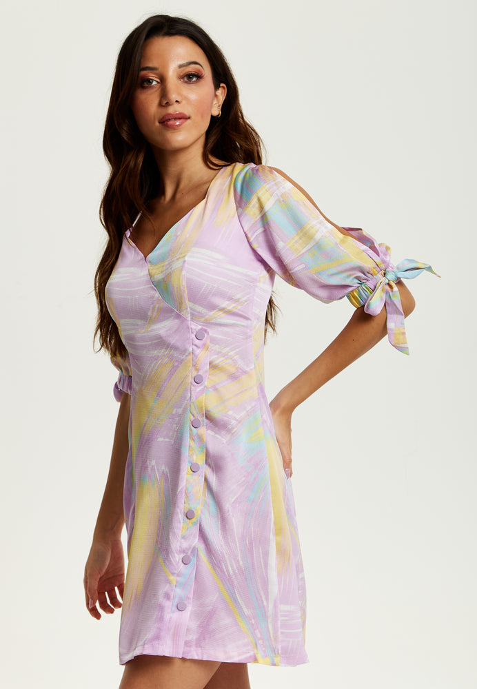Liquorish Mini Abstract Brush Stroke Print Dress With V Neck, Tie Back And Tie Sleeves In Lilac
