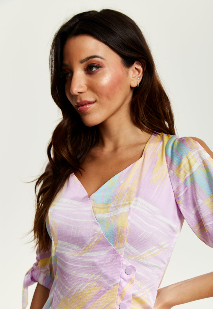 Liquorish Mini Abstract Brush Stroke Print Dress With V Neck, Tie Back And Tie Sleeves In Lilac