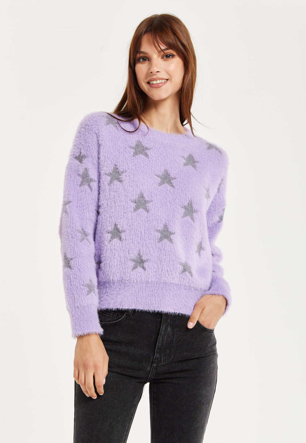 Women’s Jumper in Lilac with Fluffy Grey Star Pattern - Round Neck, Long Sleeves, Regular Fit, 60% Polyamide, 25% Viscose, 15% Polyester