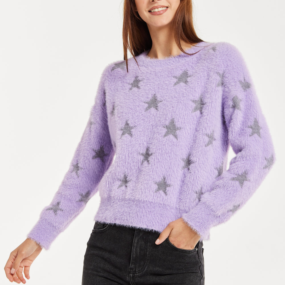 
                  
                    Women’s Jumper in Lilac with Fluffy Grey Star Pattern - Round Neck, Long Sleeves, Regular Fit, 60% Polyamide, 25% Viscose, 15% Polyester
                  
                