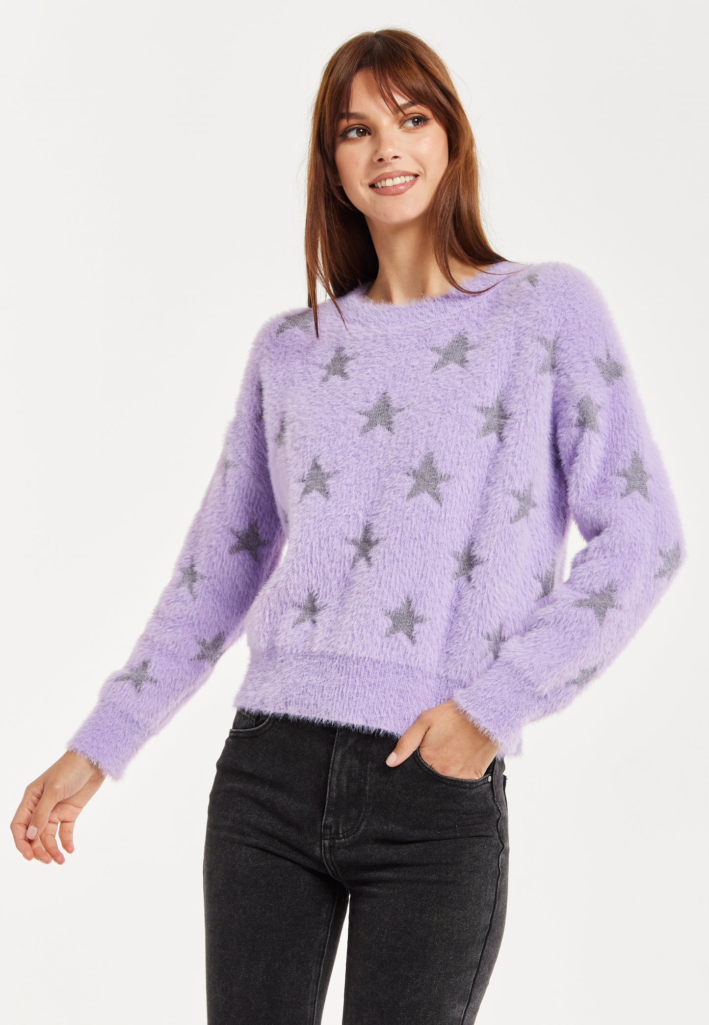 
                  
                    Women’s Jumper in Lilac with Fluffy Grey Star Pattern - Round Neck, Long Sleeves, Regular Fit, 60% Polyamide, 25% Viscose, 15% Polyester
                  
                