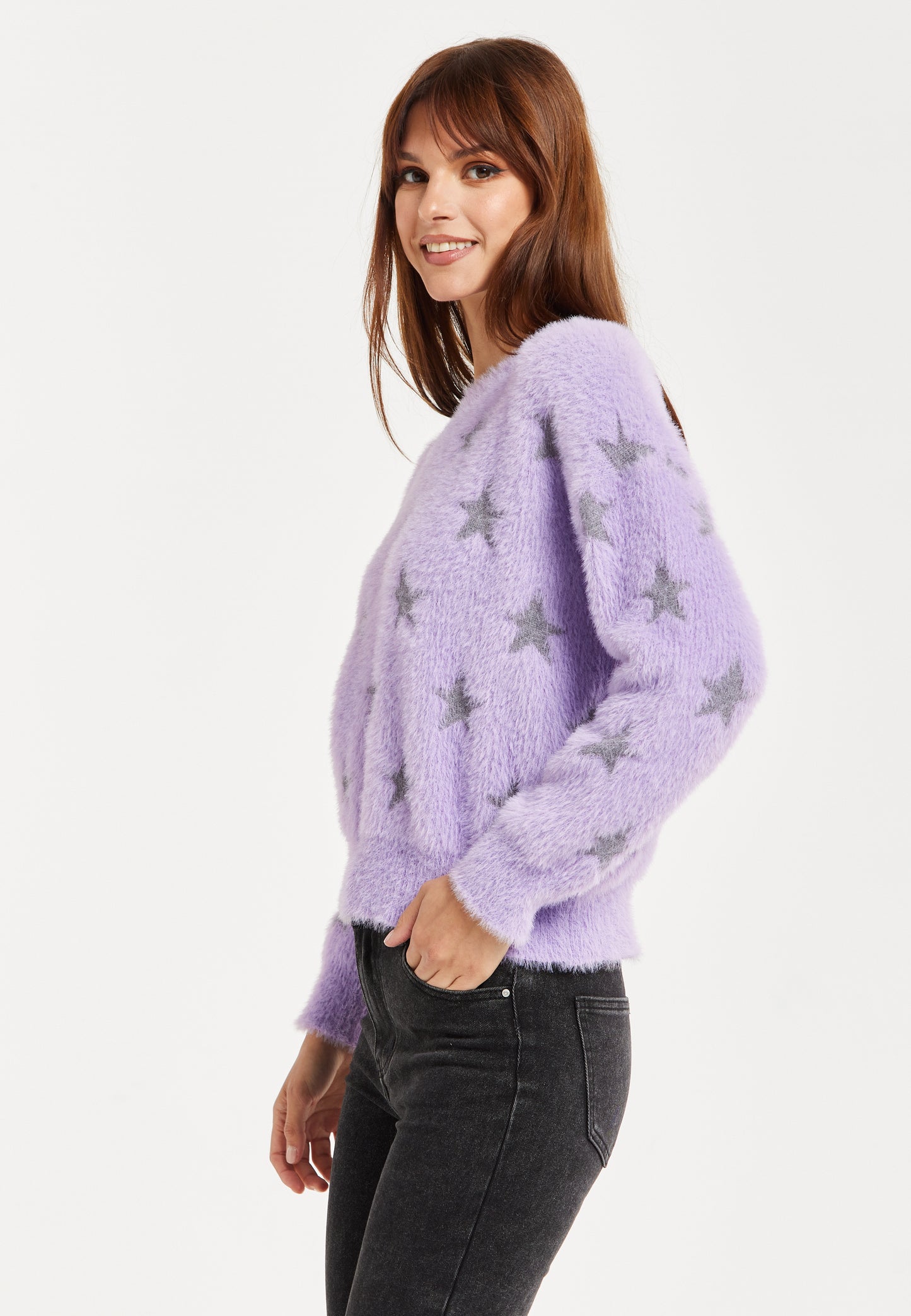 
                  
                    Women’s Jumper in Lilac with Fluffy Grey Star Pattern - Round Neck, Long Sleeves, Regular Fit, 60% Polyamide, 25% Viscose, 15% Polyester
                  
                