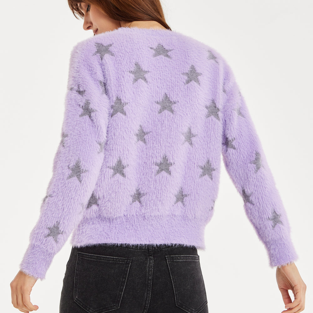 
                  
                    Women’s Jumper in Lilac with Fluffy Grey Star Pattern - Round Neck, Long Sleeves, Regular Fit, 60% Polyamide, 25% Viscose, 15% Polyester
                  
                