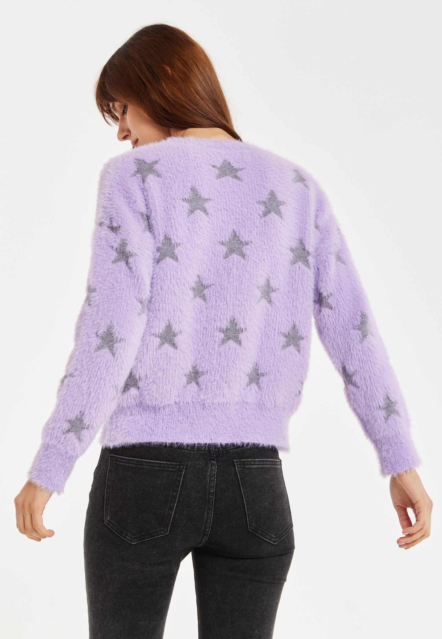 
                  
                    Women’s Jumper in Lilac with Fluffy Grey Star Pattern - Round Neck, Long Sleeves, Regular Fit, 60% Polyamide, 25% Viscose, 15% Polyester
                  
                