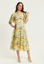 Liquorish Abstract Zebra Print Midi Dress In Yellow With Kimono Sleeves
