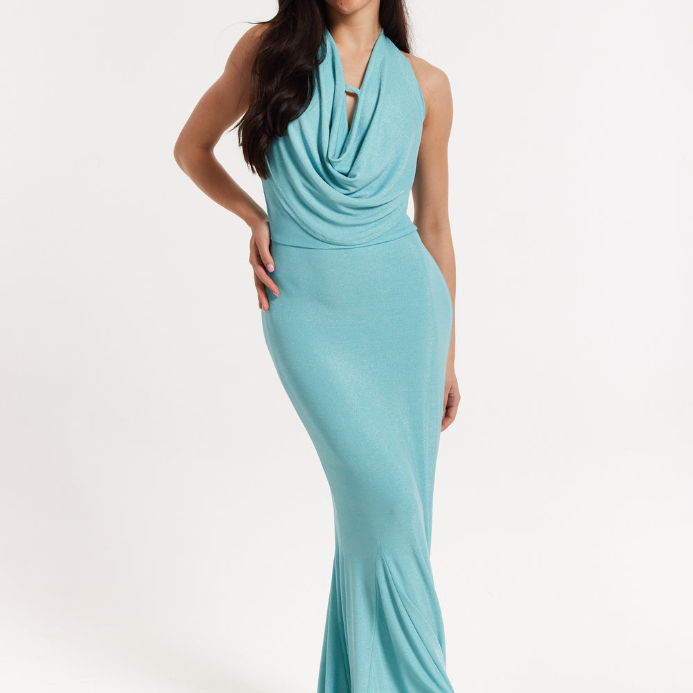 
                  
                    Blue Lurex Draped Halter Neck Maxi Dress
                  
                