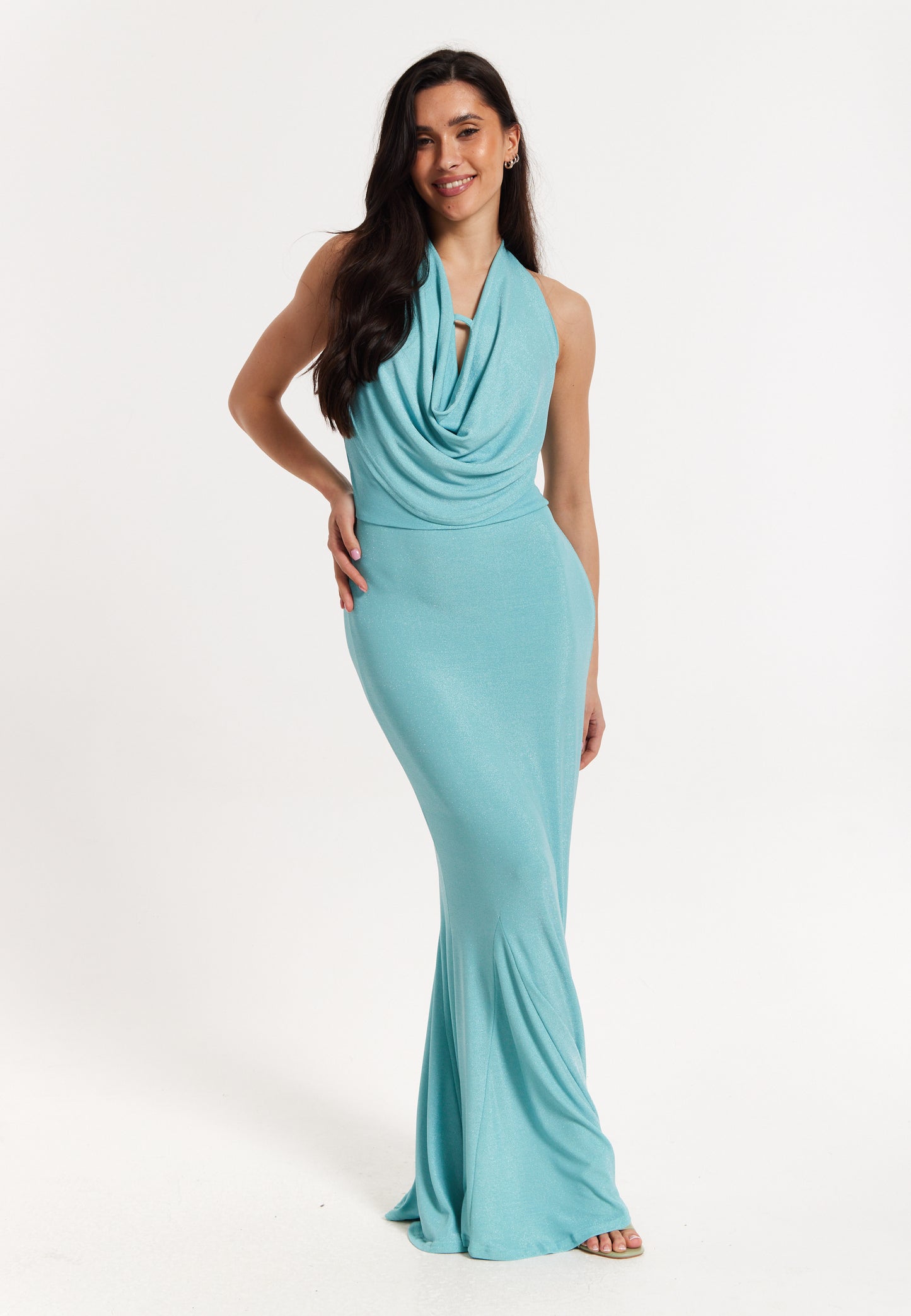 
                  
                    Blue Lurex Draped Halter Neck Maxi Dress
                  
                