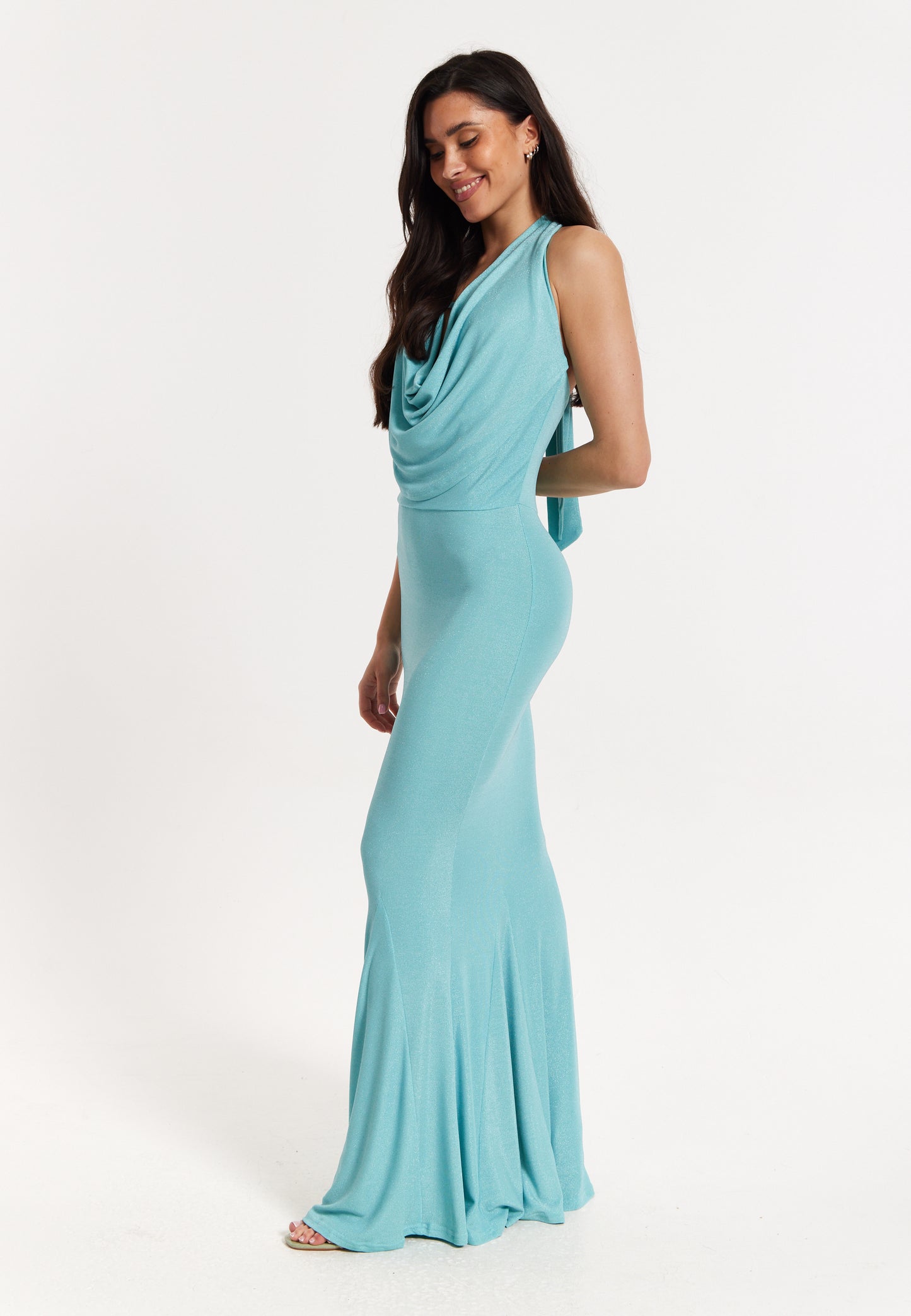 
                  
                    Blue Lurex Draped Halter Neck Maxi Dress
                  
                