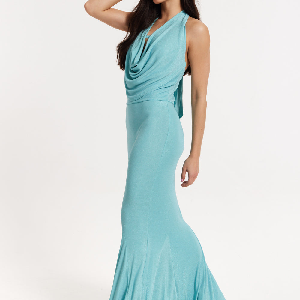 
                  
                    Blue Lurex Draped Halter Neck Maxi Dress
                  
                