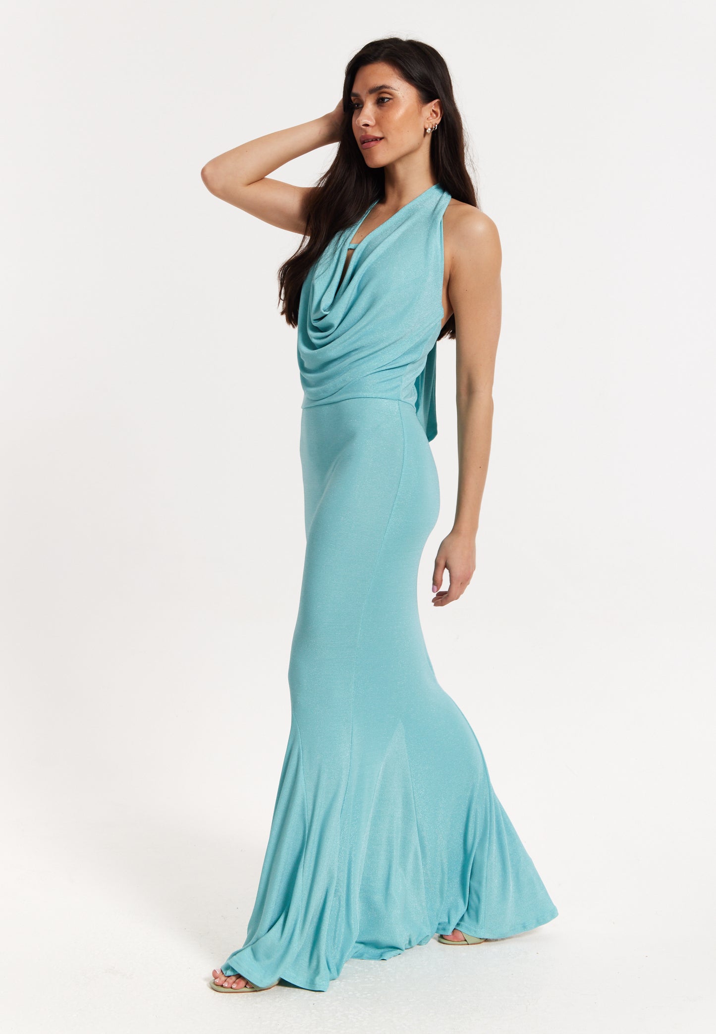 
                  
                    Blue Lurex Draped Halter Neck Maxi Dress
                  
                