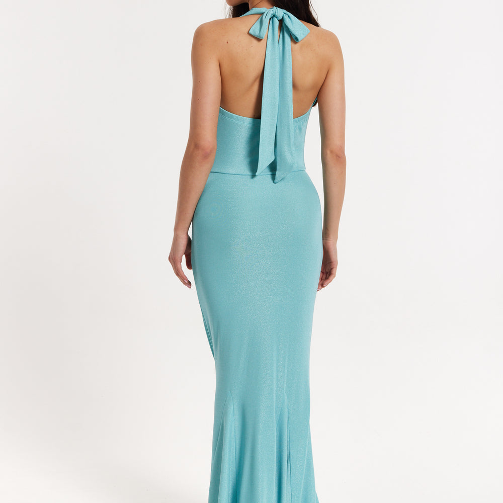 
                  
                    Blue Lurex Draped Halter Neck Maxi Dress
                  
                