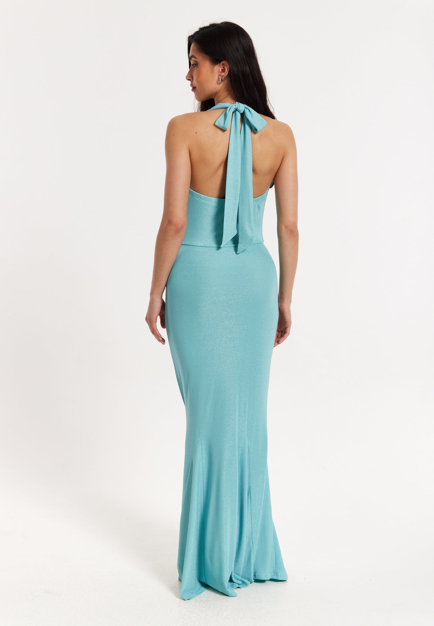 
                  
                    Blue Lurex Draped Halter Neck Maxi Dress
                  
                