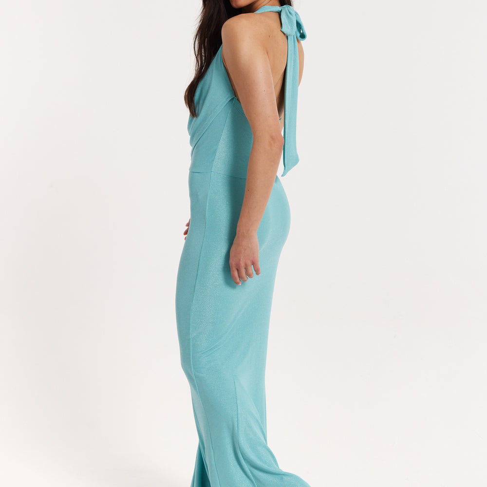 
                  
                    Blue Lurex Draped Halter Neck Maxi Dress
                  
                