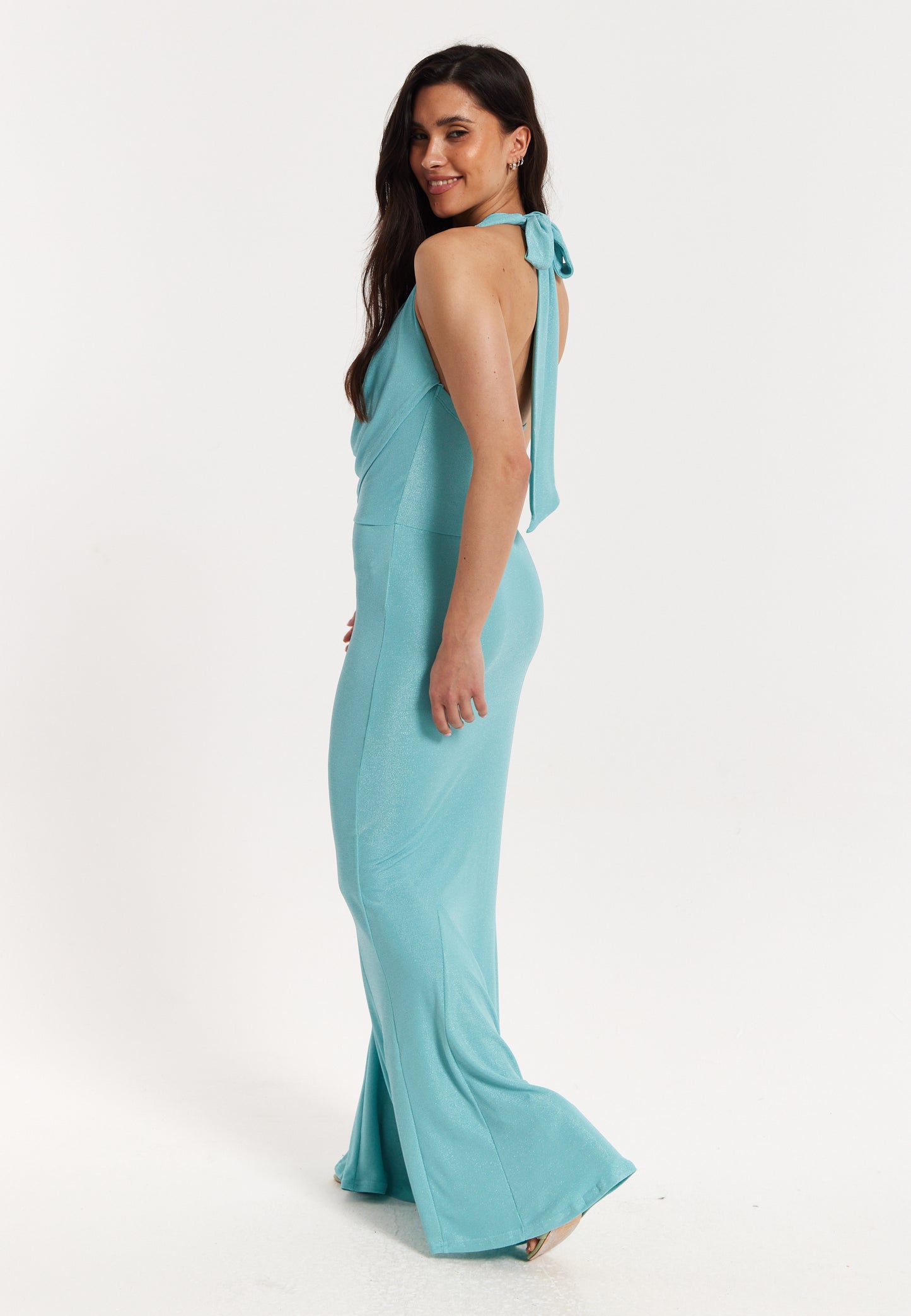 
                  
                    Blue Lurex Draped Halter Neck Maxi Dress
                  
                