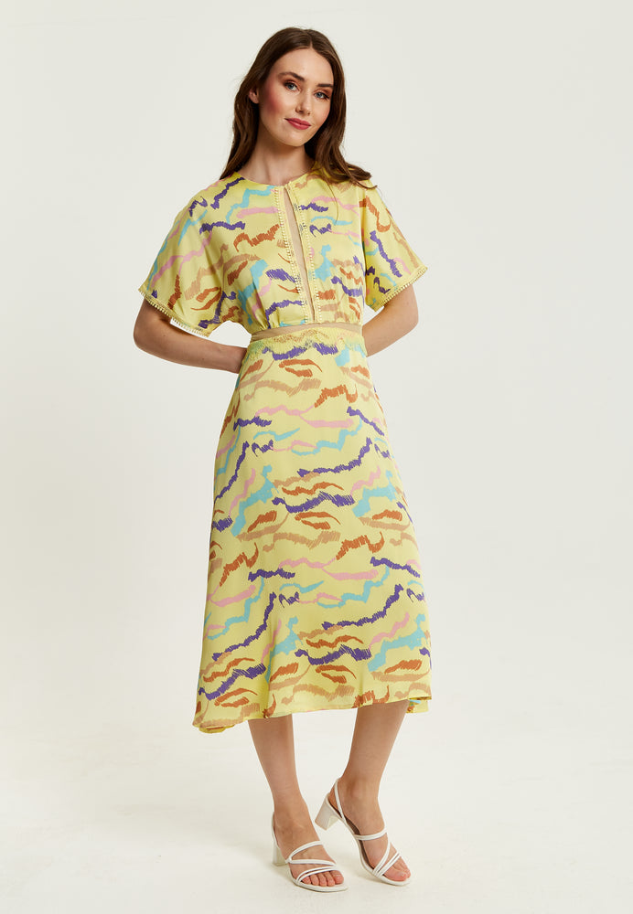 Liquorish Midi Abstract Zebra Print Dress With Mesh Detail In Yellow