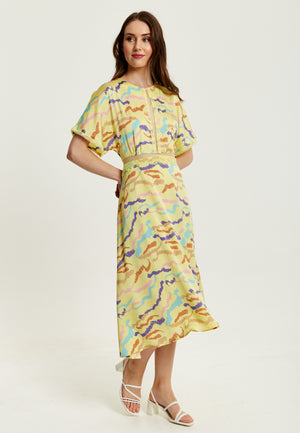 Liquorish Midi Abstract Zebra Print Dress With Mesh Detail In Yellow