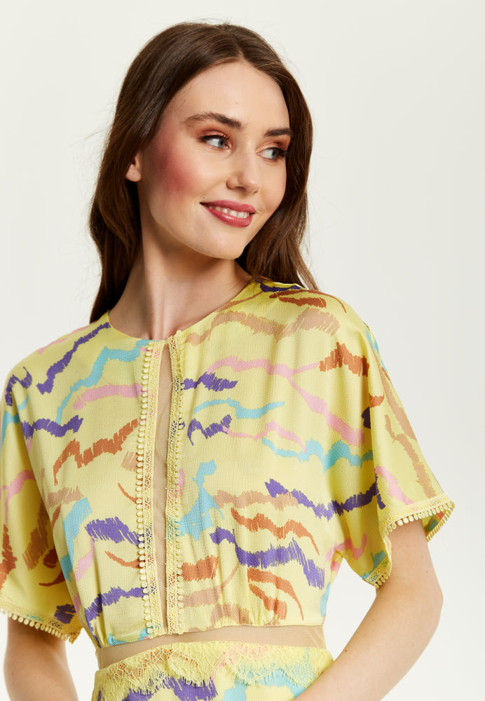 Liquorish Midi Abstract Zebra Print Dress With Mesh Detail In Yellow