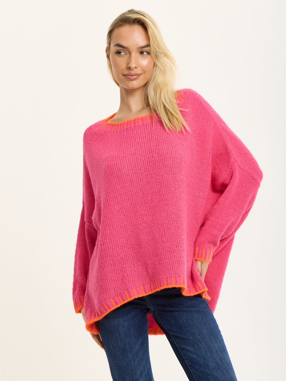 Pink Wool Blend Jumper Orange Trim