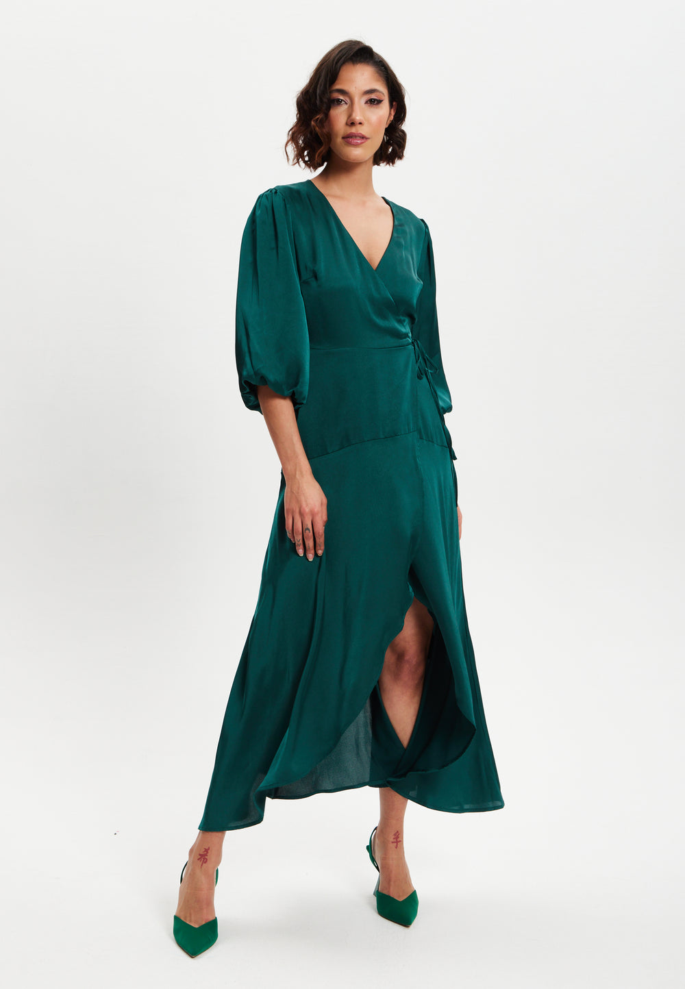 Liquorish Dark Green Midi Wrap Dress With Short Puff Sleeves