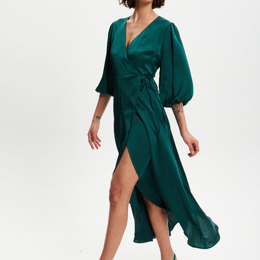 
                  
                    Liquorish Dark Green Midi Wrap Dress With Short Puff Sleeves
                  
                