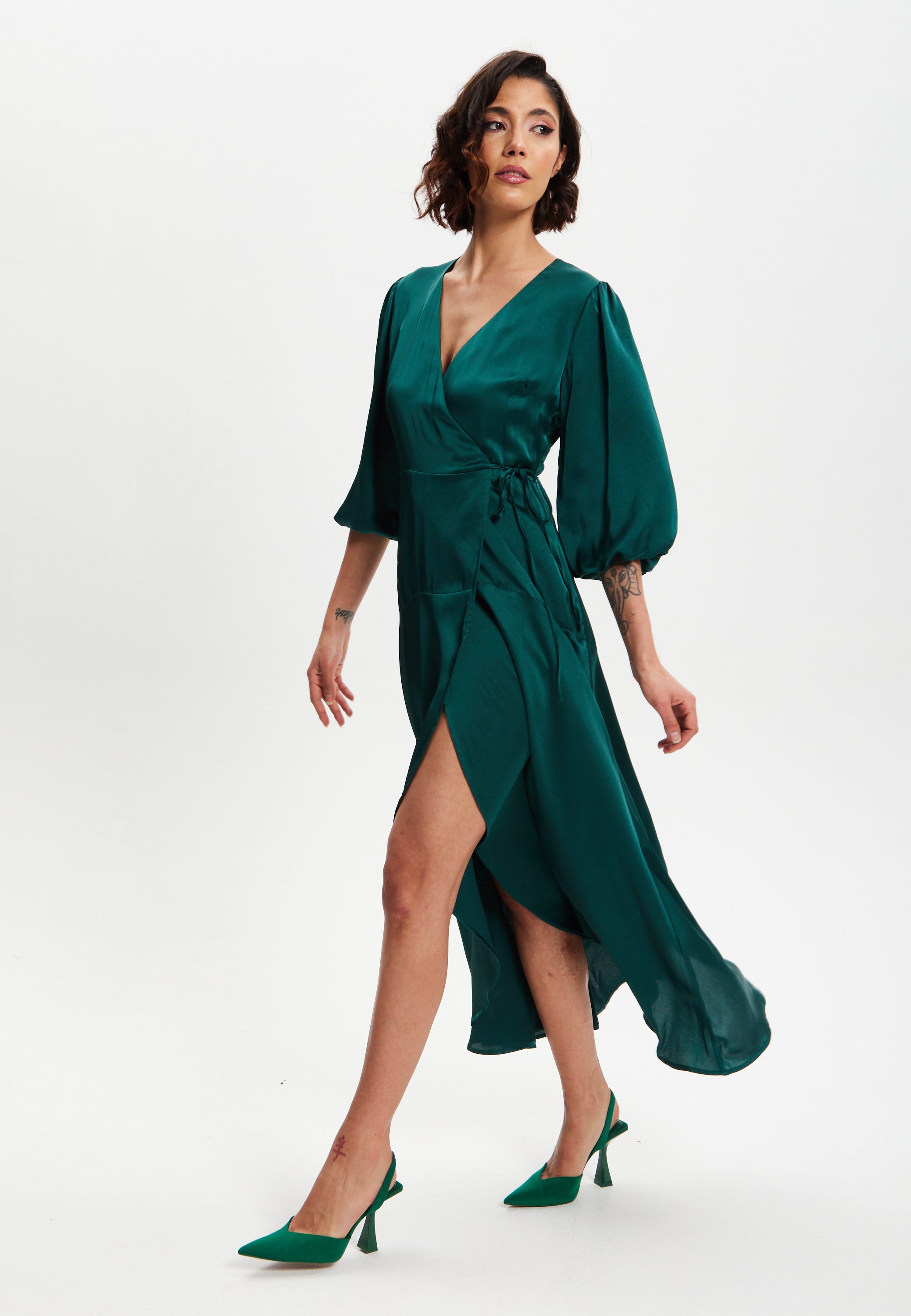 Women's Midi Wrap Dress in Dark Green with Short Puff Sleeves
