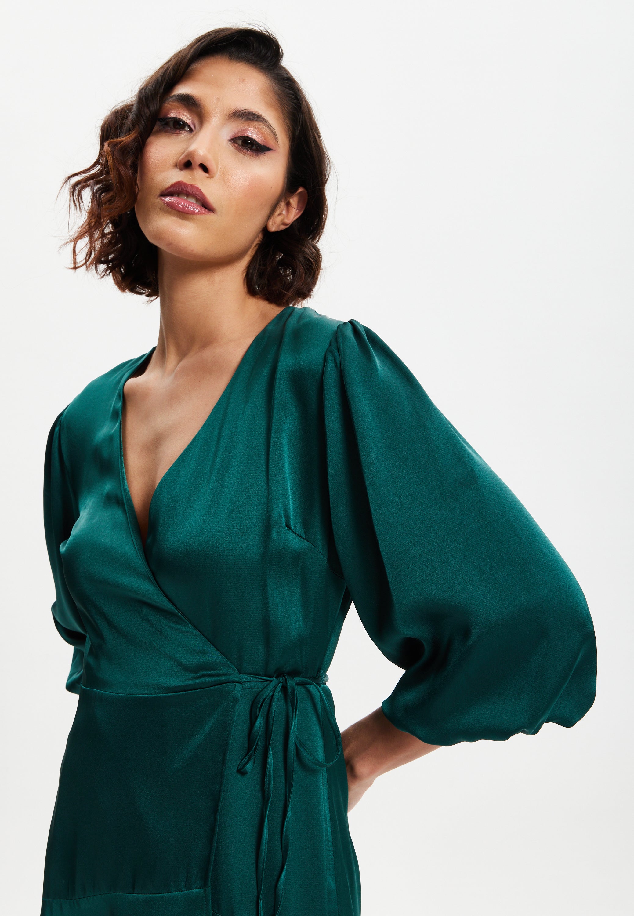 Women's Midi Wrap Dress in Dark Green with Short Puff Sleeves - Elegan –  Liquorish Online