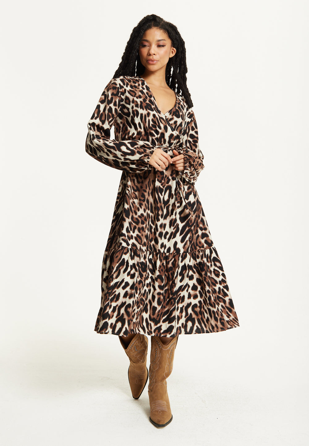 Leopard Print Long Sleeve Midi Dress