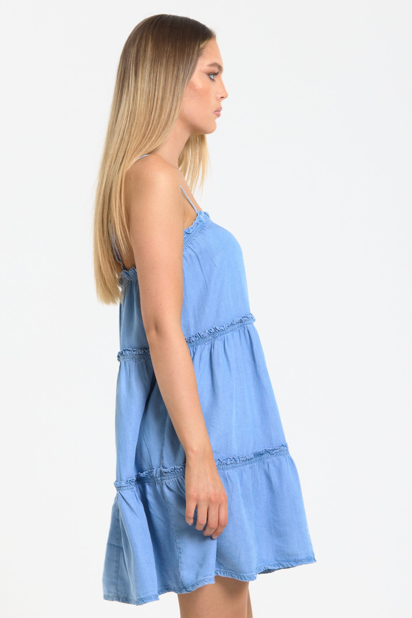 
                  
                    Light Blue Cotton Tiered Mini Dress
                  
                