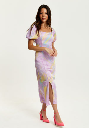Liquorish Midi Square Neck, Brush Stroke Print Dress In Lilac