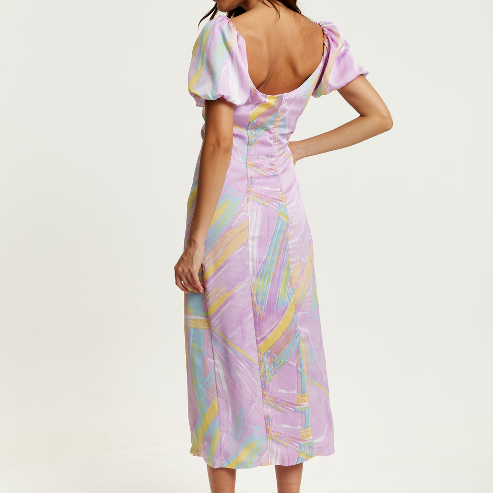 
                  
                    Liquorish Midi Square Neck, Brush Stroke Print Dress In Lilac
                  
                