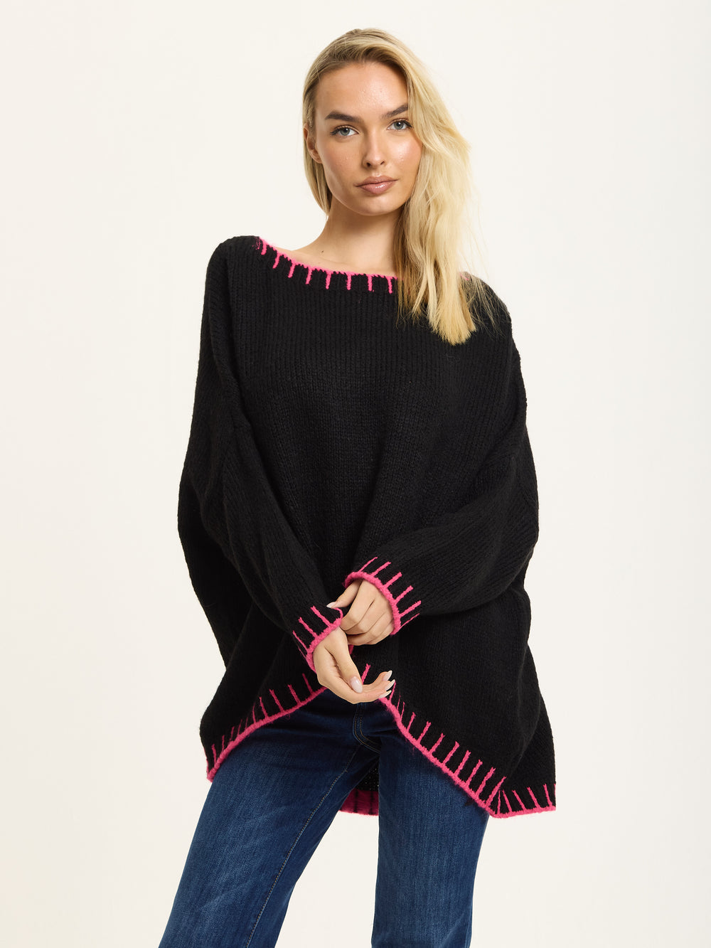 Black Wool Blend Jumper Neon Pink Trim