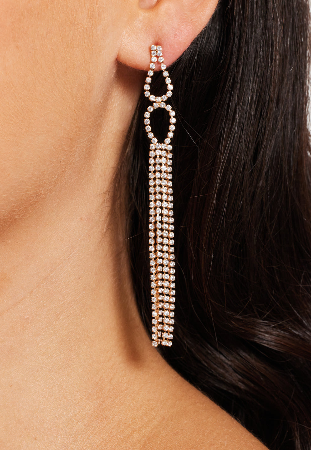 Elegant Rhinestone Tassel Long Dangle Earrings in Gold