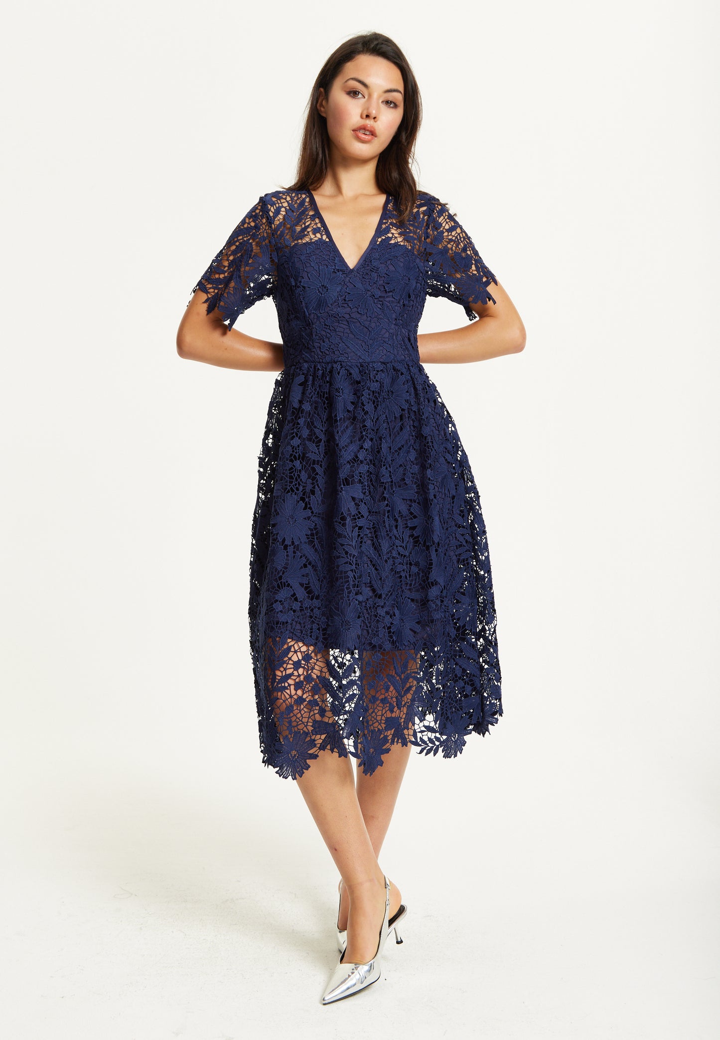 
                  
                    FLARE LACE MIDI DRESS IN NAVY
                  
                