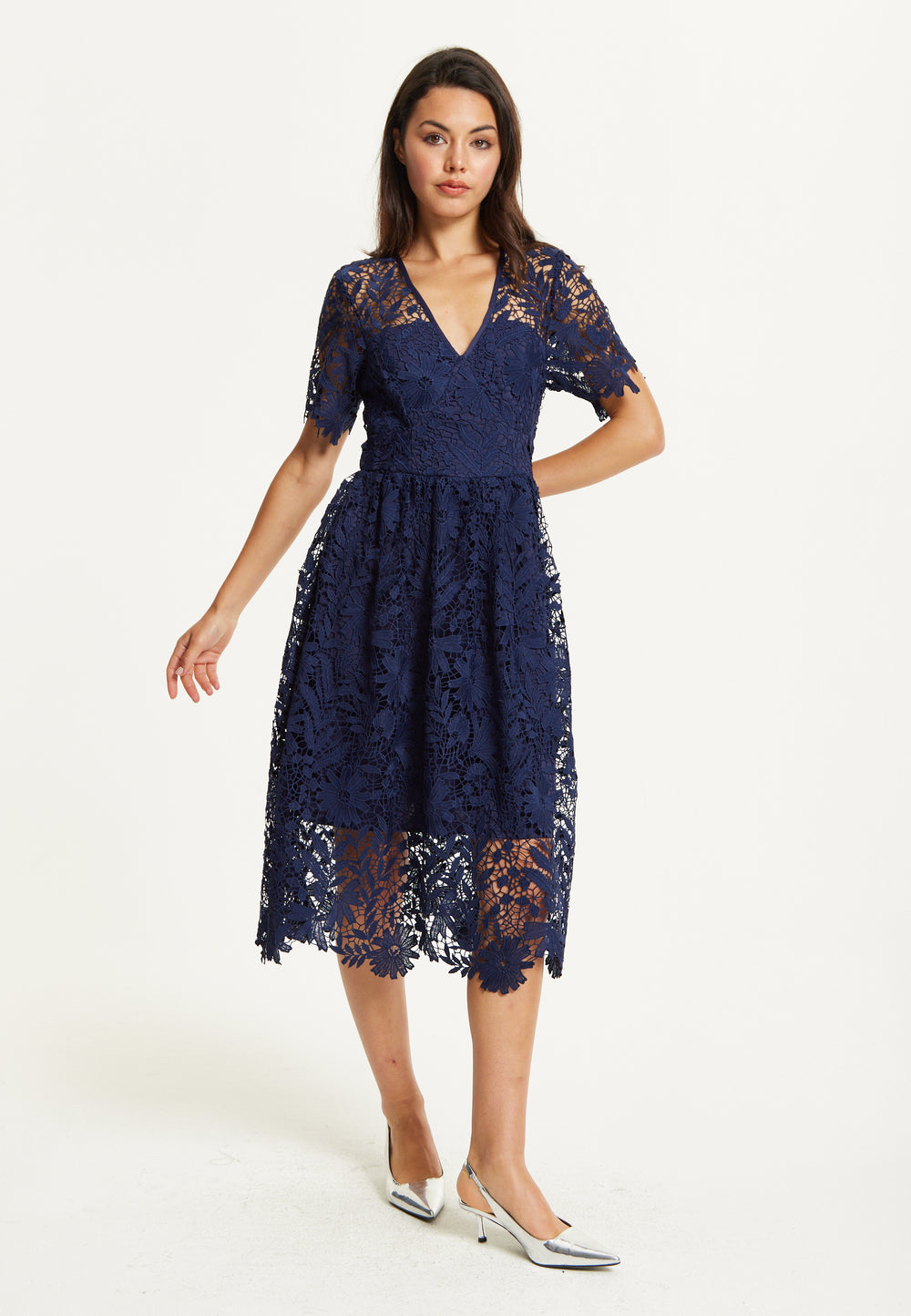 FLARE LACE MIDI DRESS IN NAVY