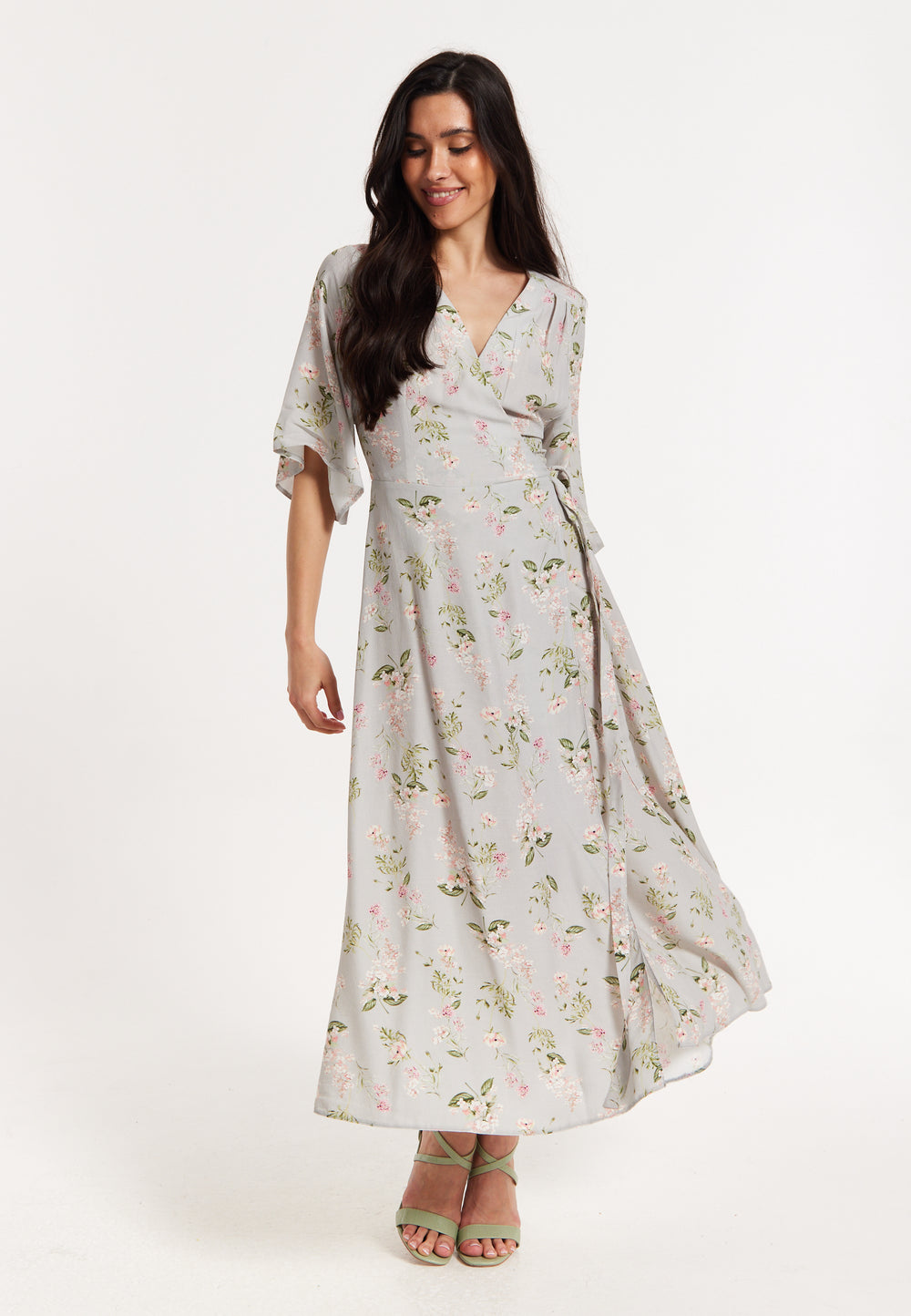 Floral Print Kimono Sleeve Wrap Maxi Dress